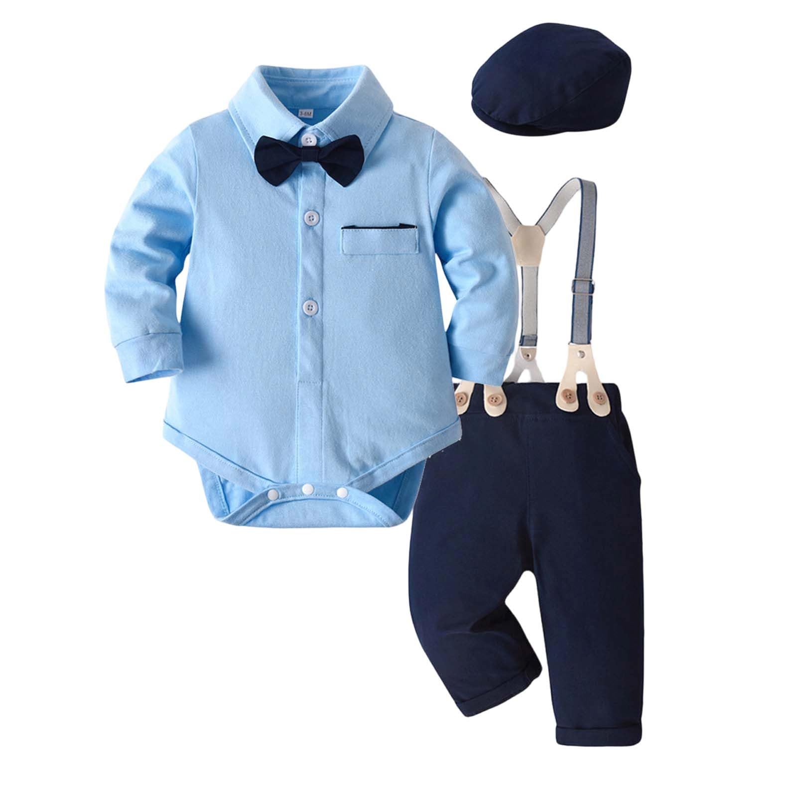 Generisch Set da festa per bambini in stile gentleman, 4 pezzi, con body, pantaloni, bretelle e cappello, abbigliamento elegante per battesimo e matrimonio