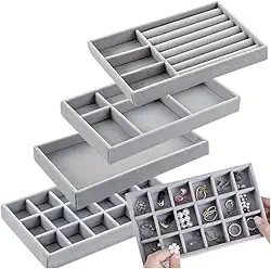 Porta Joias Kit de Bandejas Empilháveis de Veludo - Organizador Elegante Multiuso para Closet, Gavetas e Armários - Bandejas de Exibição para Brincos, Pulseiras, Colares e Anéis