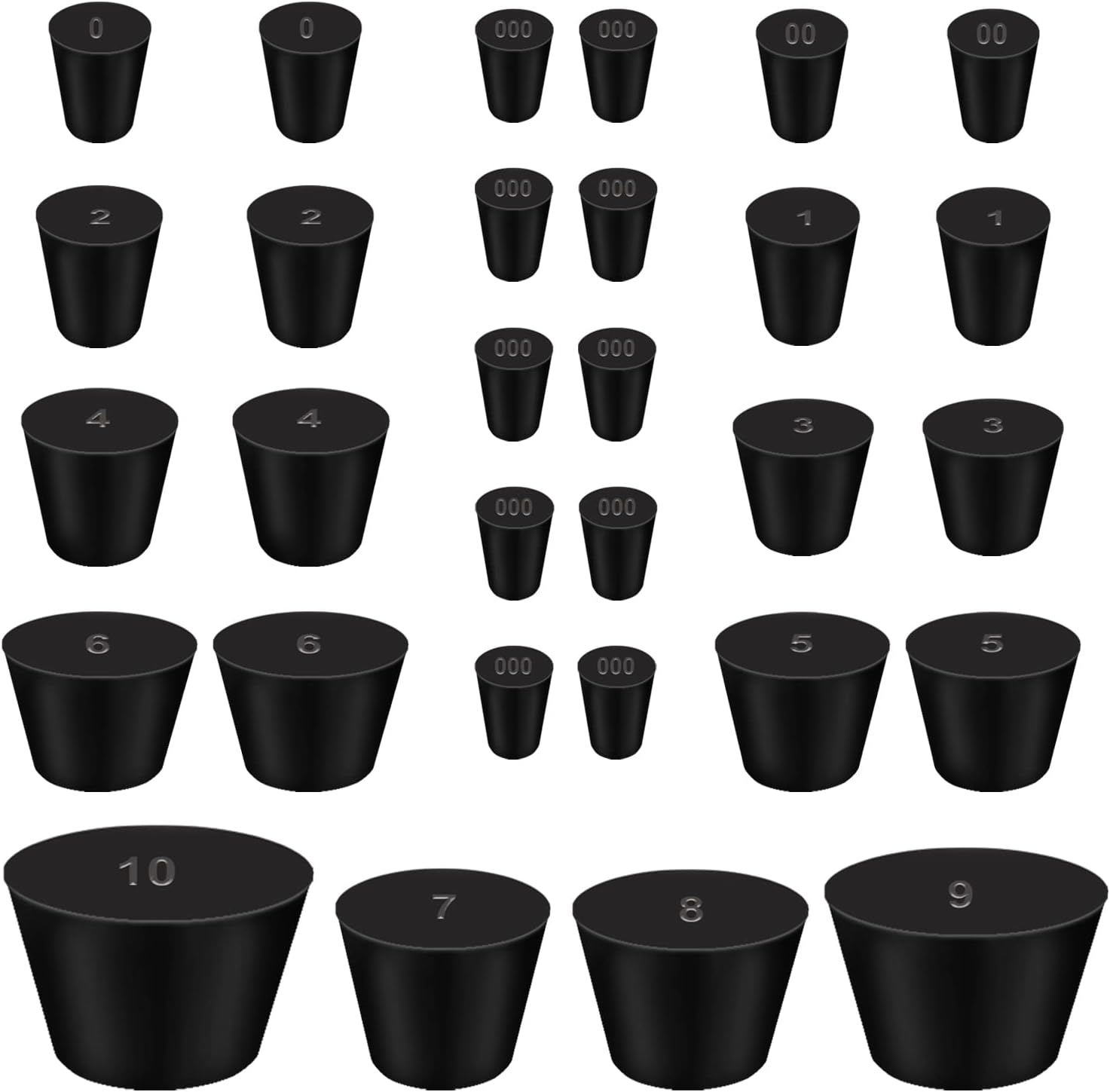 smseace 30pcs 000#-10# Black Solid Rubber Stopper 13 Sizes Tapered Shaped Stoppers Plug for Sealing Sewer Pipes，Chemical Test Tubes (D-048-13S)