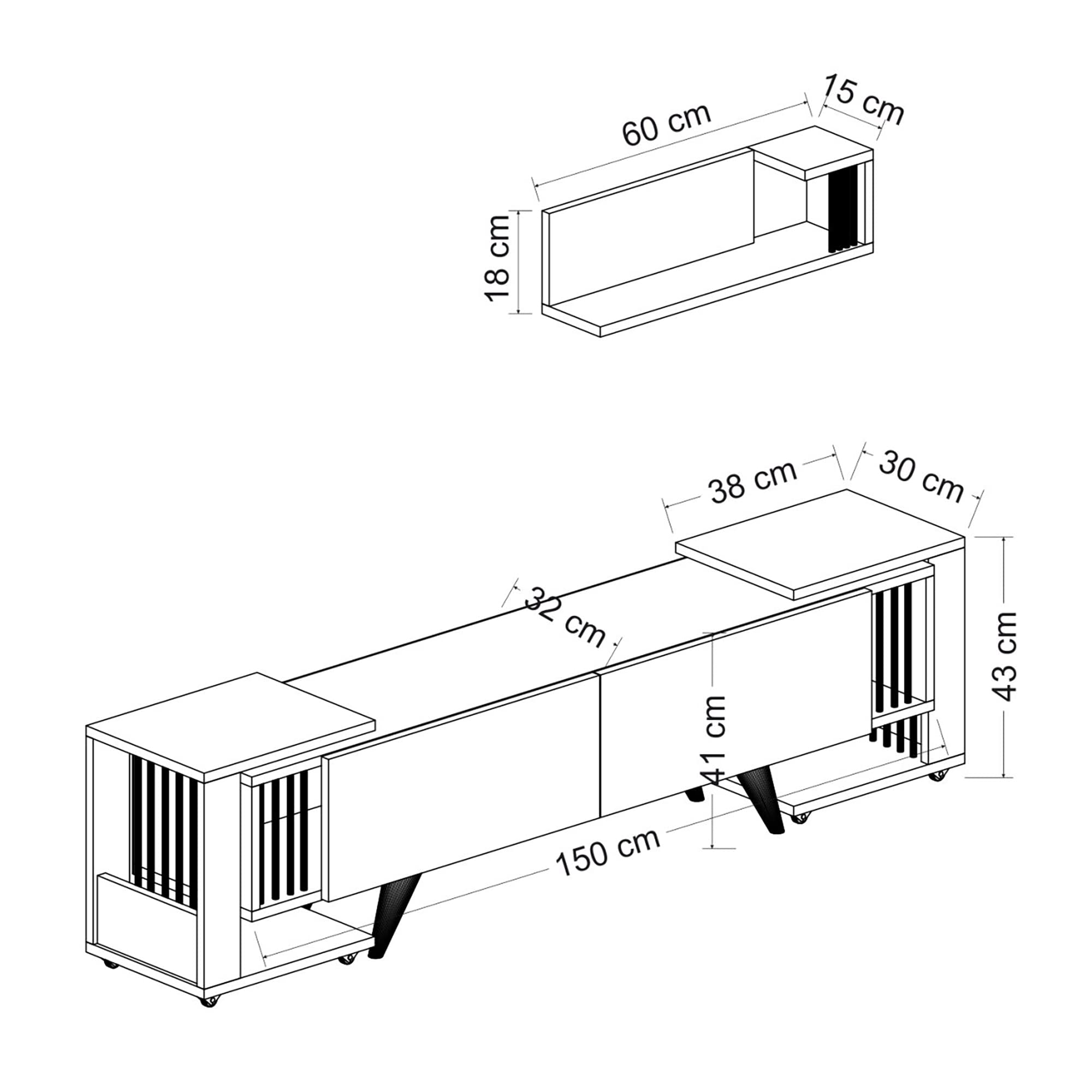 [en.casa] Set di Mobili da Soggiorno Composto di Mensola da Muro, Mobile Porta TV con Ante a Ribalta e 2 Tavolini Laterali - Rovere/Bianco