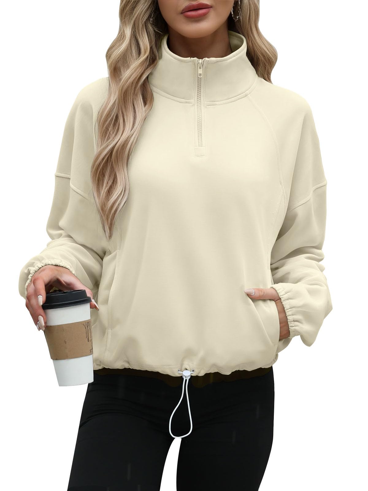 Wenlia Womens Lightweight Sweatshirt Casual High Neck 1/4 Zipper Long Sleeve Drawstring Sweatshirts with Pockets