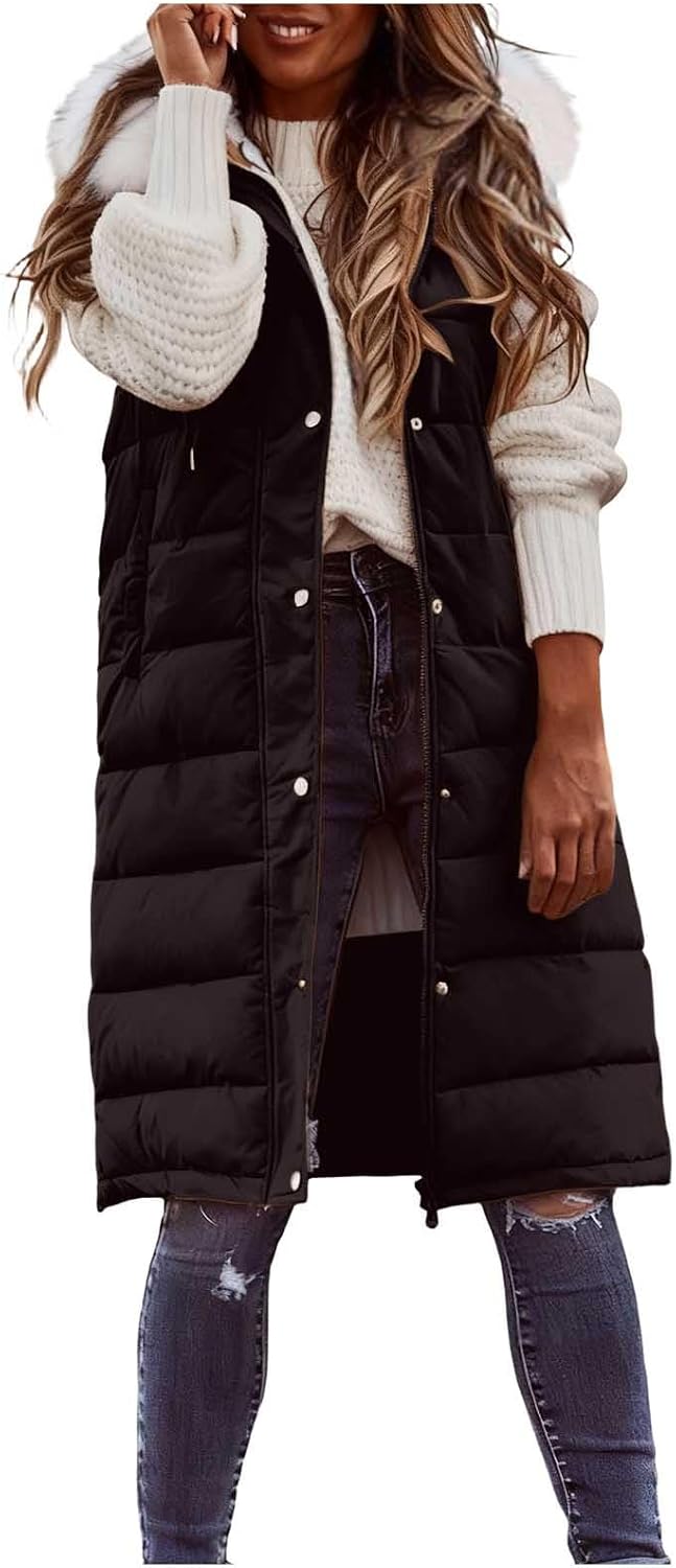 Women Long Puffer Vest Quilted Zip Up Down Vests with Fur Trim Hood Warm Winter Thicken Jacket Plus Size Coat