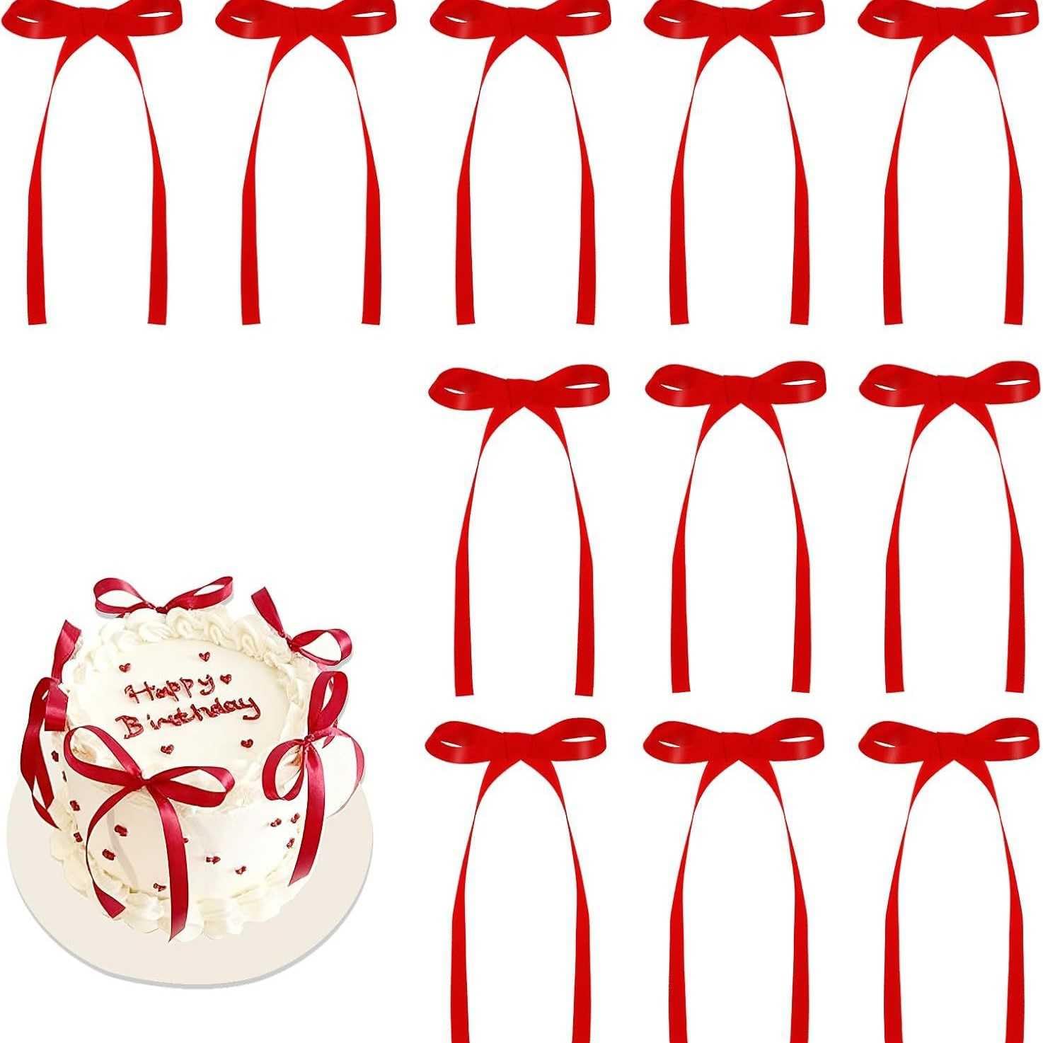 Ushxvg Red 30 Cake Bow Decorations And 10 Love Decorations, Three-Dimensional Shapes Embellish Desserts To Enhance The Atmosphere Of Ceremony, Suitable For Festivals And Wedding Celebrations.