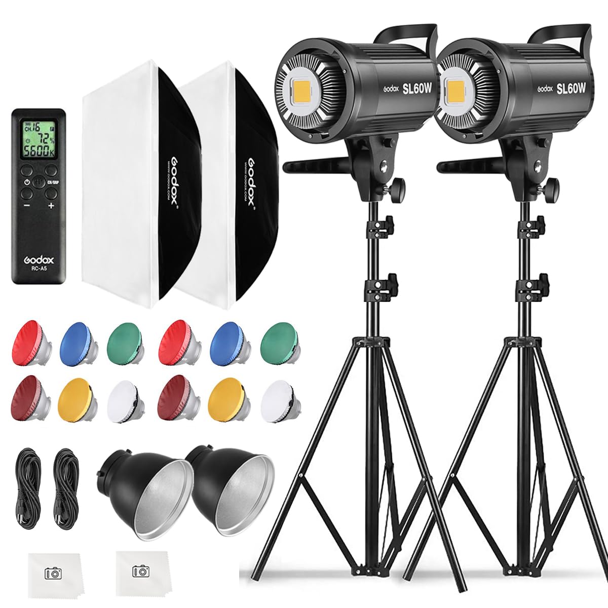 Godox 2Pack SL60W Studio LED Video Light Kit for Photography,60W Continuous Lighting Set,5600K Bowens Mount Flash Light with Softbox,Remote Control,