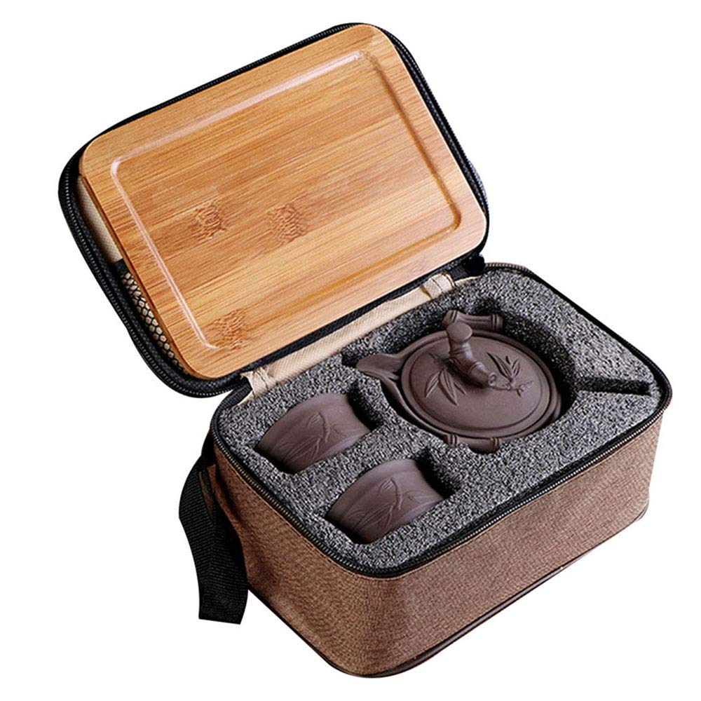 Aisa ChoiceJapanese Kungfu Tea Set Portable Travel Ceramic Tea Set, 1 Teapot 2 Teacups 1 Tea Tray (Brown-1)