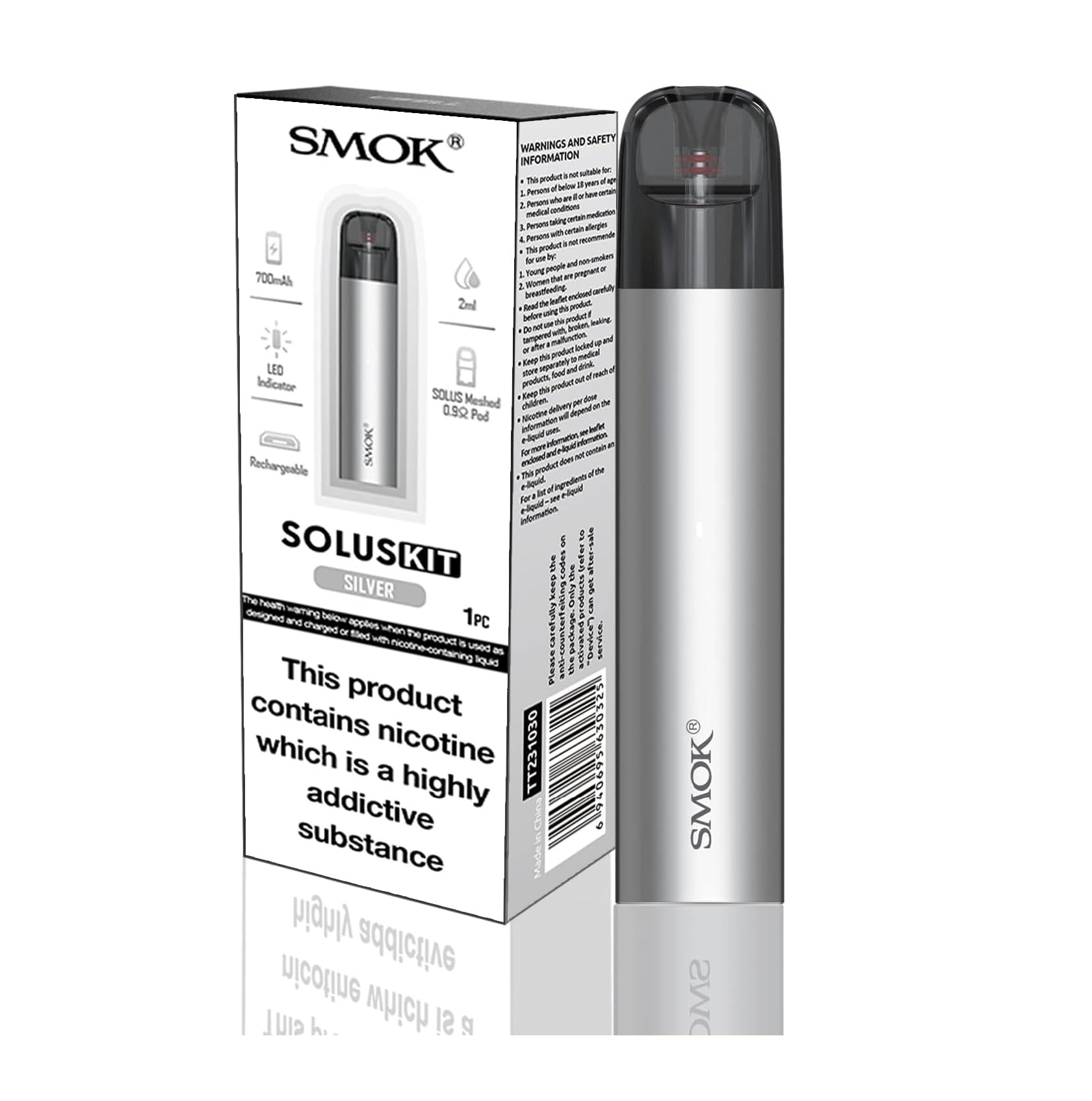 SMOKSolus Vaping Kit, Compact Design, 700mAh Battery, Leak-Proof Design, Easy-to-Use Pod System, 2mL, Perfect for MTL, E Cigarettes, E Cig, Starter Kit, SMOK Vaping, No Nicotine (Silver)