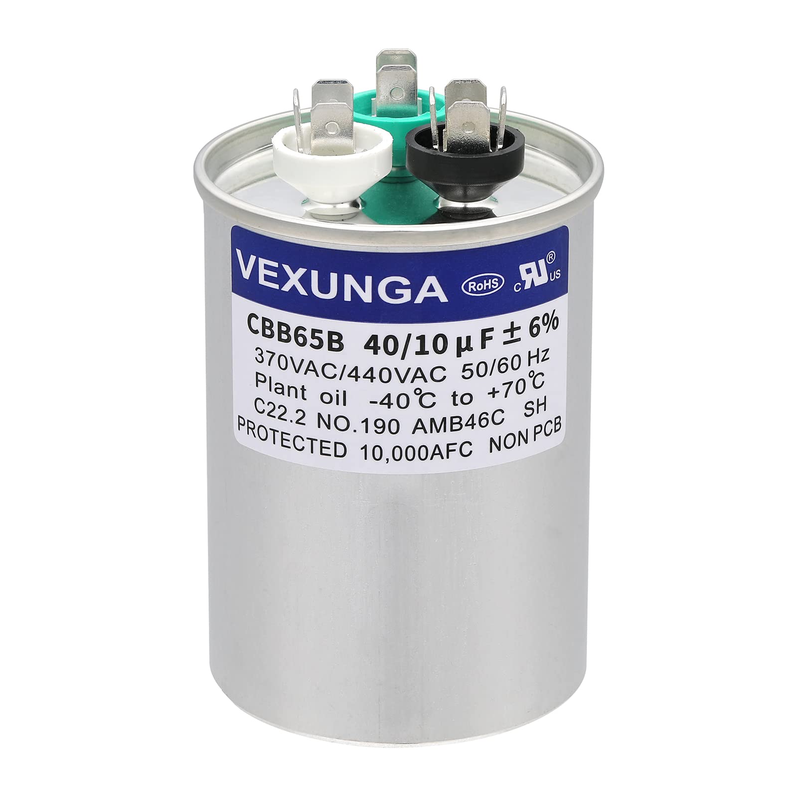 VEXUNGA 40/10 uF 40+10 MFD 370VAC or 440VAC Dual Run Start Round A/C Capacitor CBB65 CBB65B Air Conditioner Capacitors for AC Unit Fan Motor Start or Heat Pump or Condenser Straight Cool