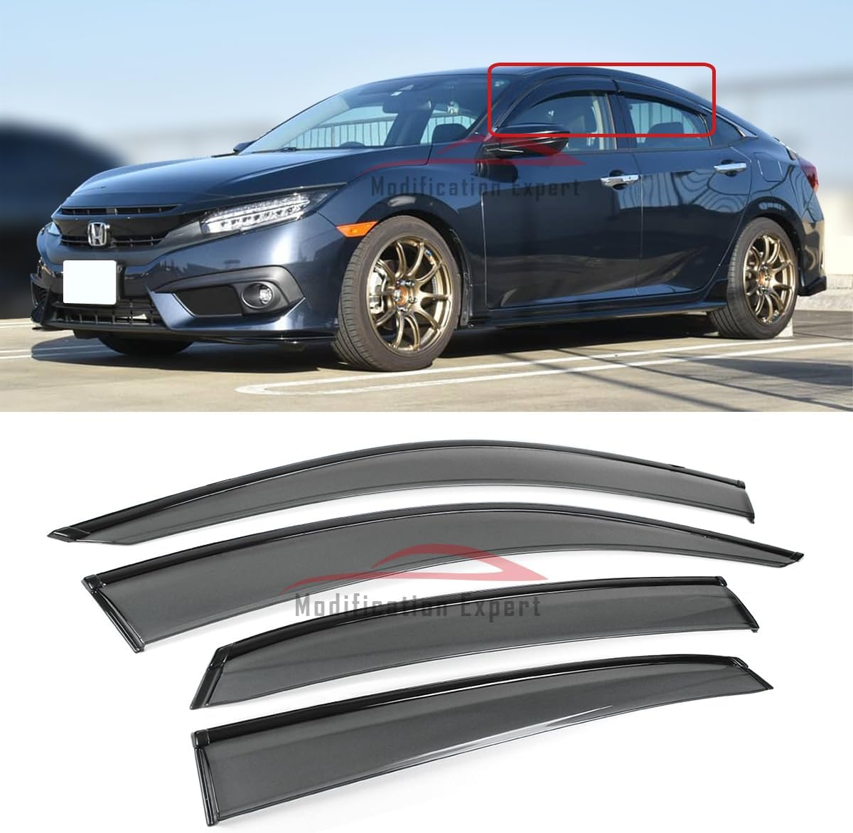 Fits for 2016-2021 10th Gen Honda Civic 4 Door Sedan Sporty Black Trim Smoke Tinted Window Visors Rain Guards Deflector
