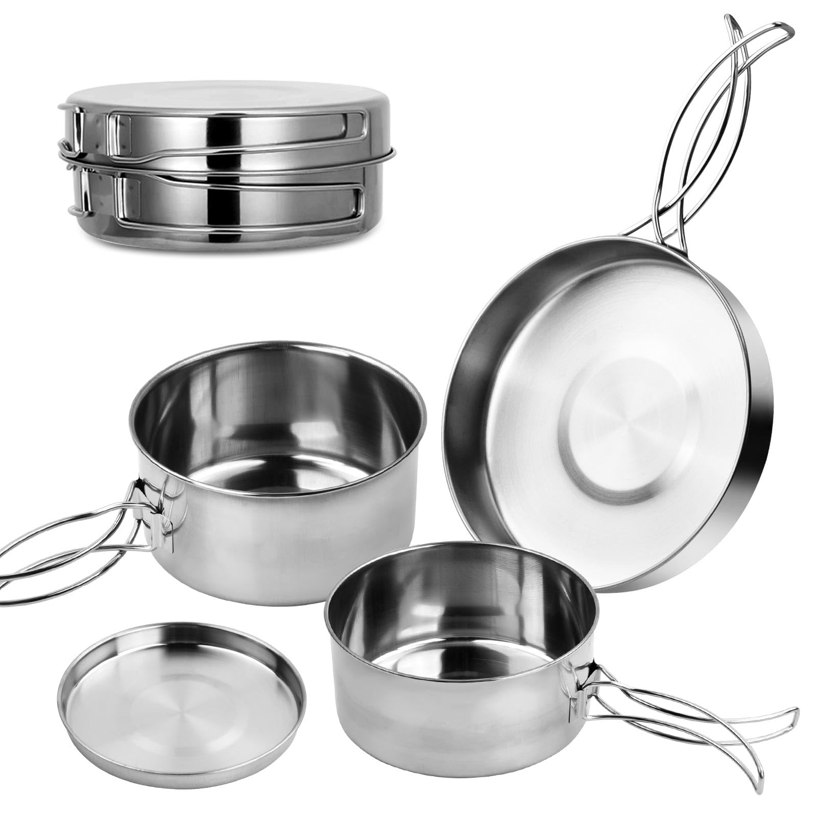 Dokeno Kit de Casseroles Camping,4 Pièces Batterie de Cuisine Acier Inoxydable,Cuisine de Camping Pliable pour Ourdoor Pique-Nique Camping Randonnée Sac à Dos,Portable et Léger,pour 1-2 Personnes
