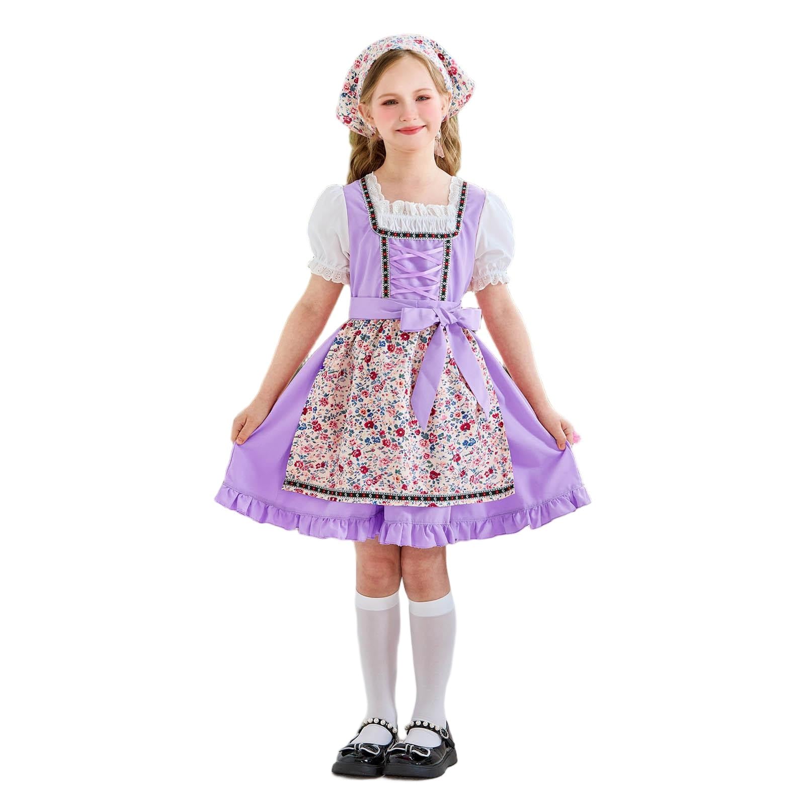 Slxbear Girls Dirndl Dress Kids Oktoberfest Costume Bavarian Beer Festival Dresses Traditional Printed Maid Apron Halloween Cosplay Outfits Retro Short Sleeve Flower Cute Maid Dress 5-6 Years Purple