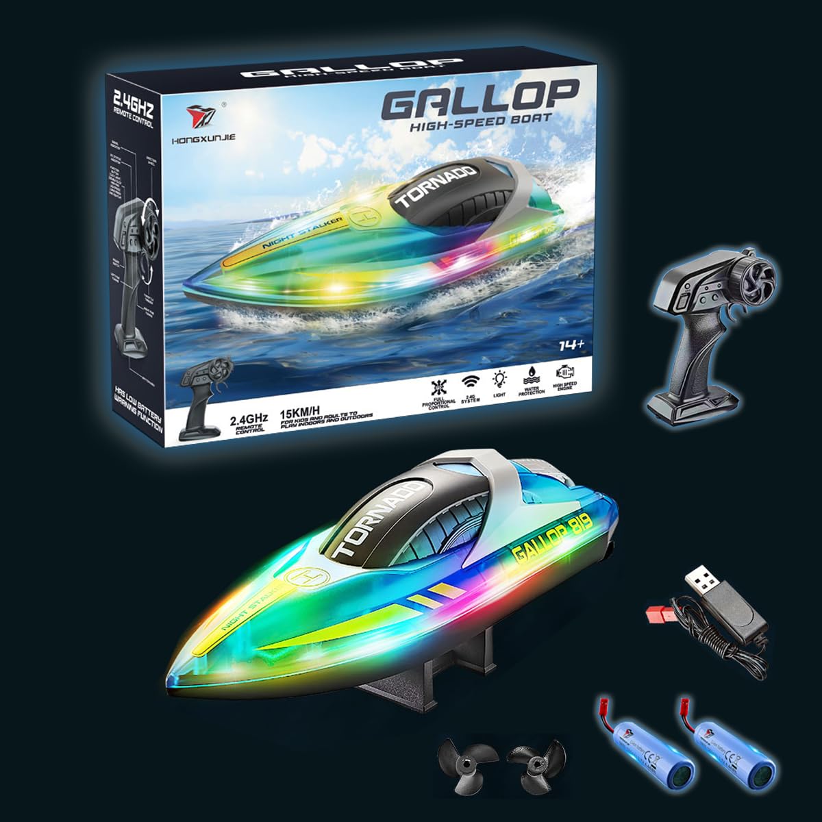 HOVCEH Bateau RC 15km/h 2,4GHz - Lumière LED, Alerte Batterie Faible, Etanche - Enfant Adulte