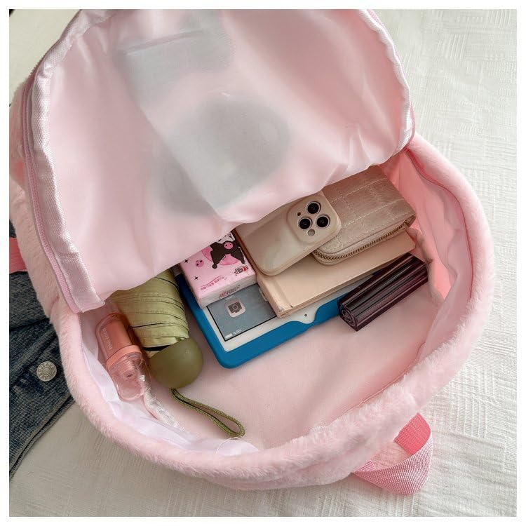 Kawaii Fuzzy Backpack Daypack, Cute Y2K Fluffy Animals Design Chic Cartoon Furry Daypack Bookbag Daily Shoulder Bag (Pink)4