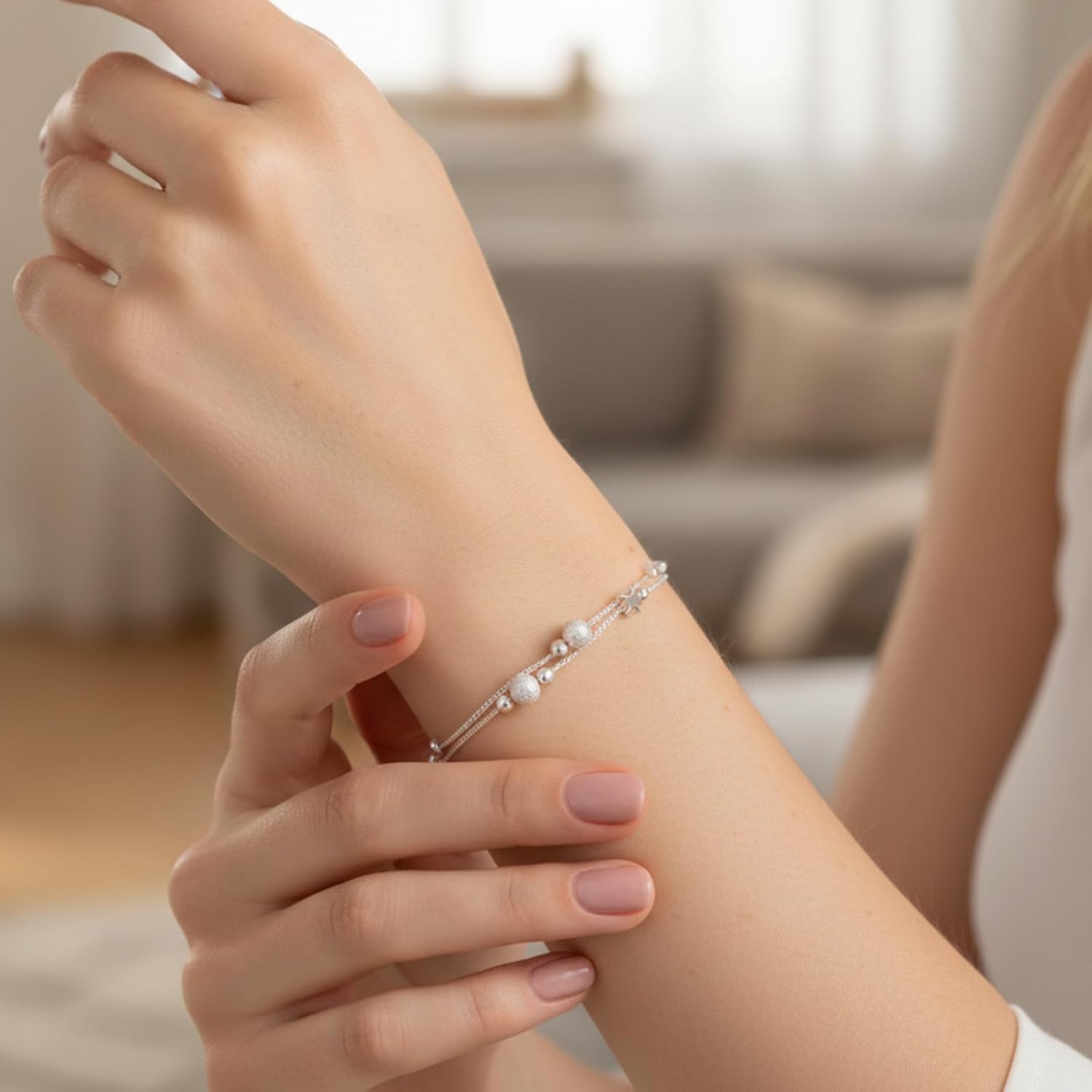 TIESOME Elegant Mini Stars Bead Charm Bracelet, 925 Sterling Silver Layered Bracelets Adjustable Friendship Link Bracelet Fashion Jewelry for Women Gifts - Image 6