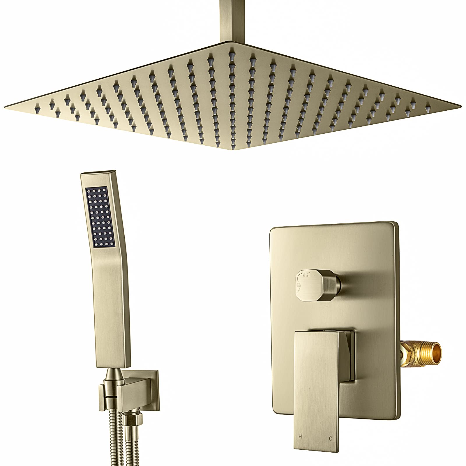 CouradricShower Faucets Sets Complete, Shower System Ceiling Mounted 12-Inch Rain Shower Head and Handheld Shower Head with Rough-In Valve and Trim Kit for Luxury Bathroom (Brushed Nickel)
