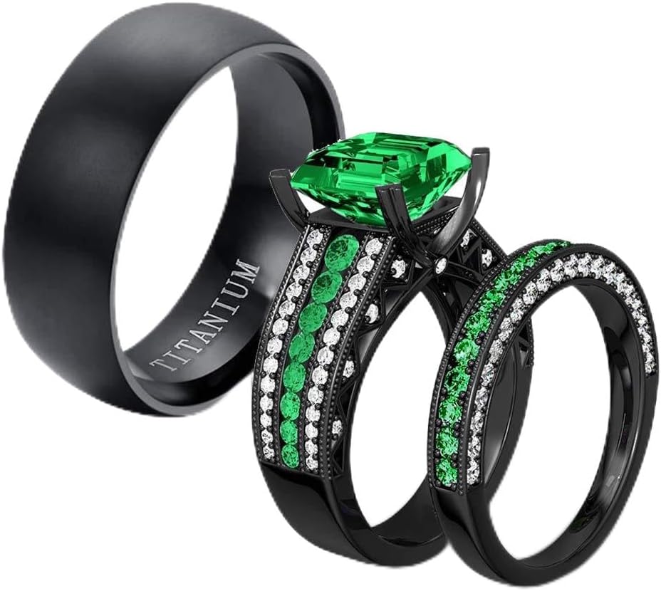 IOU 3pc Two Rings His Hers Wedding Ring Sets Couples Rings Women's Black Gold Plated Green CZ Wedding Engagement Ring Bridal Sets Men's Titanium Wedding Band