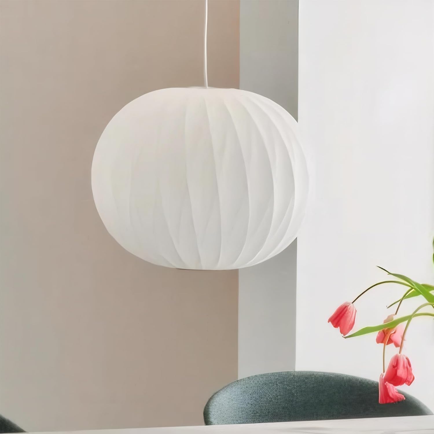 15.7" Modern Lantern Pendant Light with Imitation Silk Lampshade White Small Chandelier Midcentury Bubble Ceiling Light Fixtures for Dining Room Kitchen Island Stairway Hallway