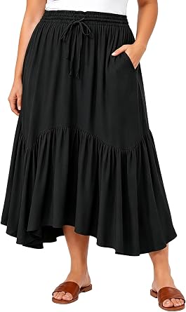 Moon Wood Womens Plus Size Maxi Skirt High Waisted Ruffle A-Line Renaissance Asymmetric Skirts with Pockets for Beach Travel