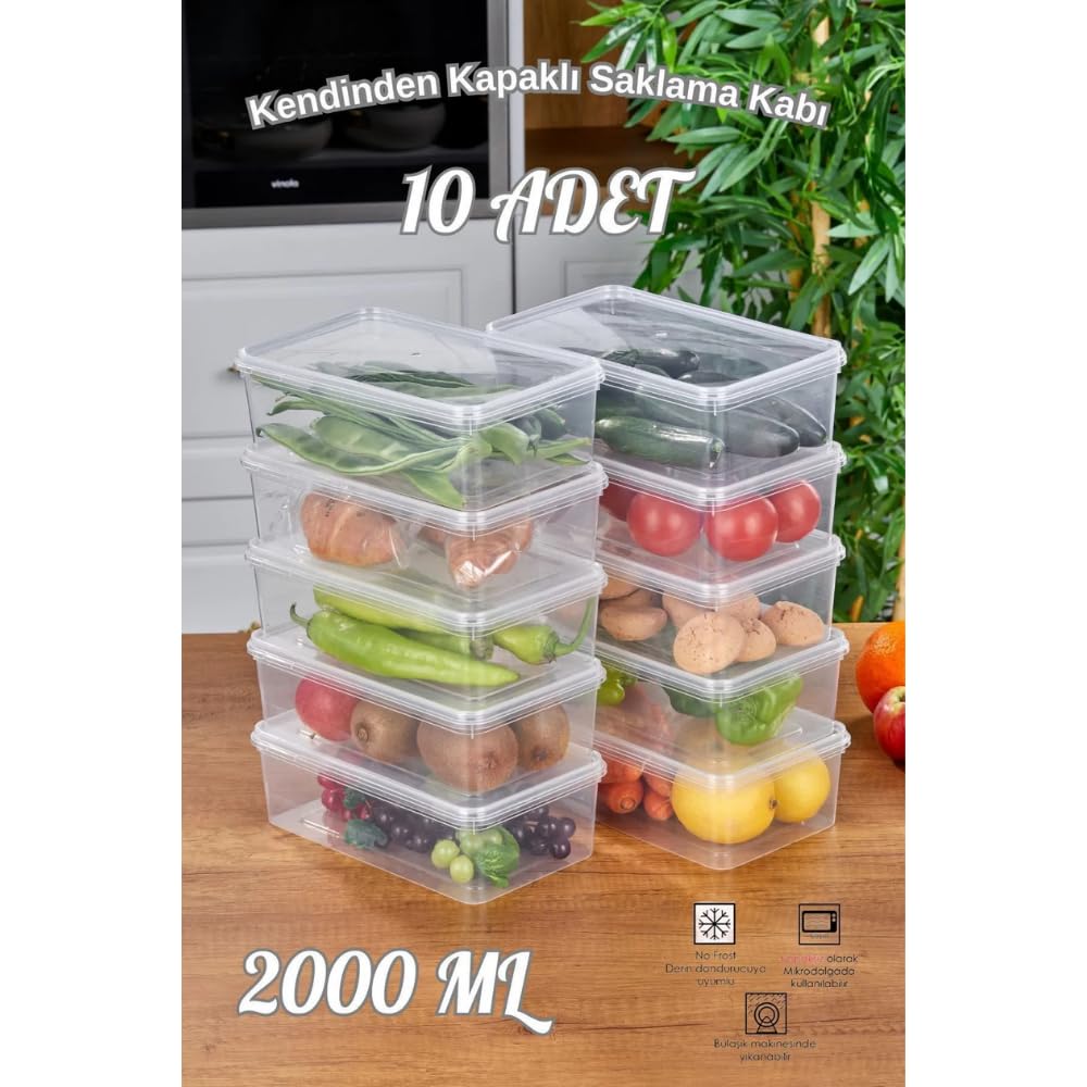 Arel - 10'lu Set Yandan Açılır Kapaklı Saklama Kabı, 10 Adet 2000ml Dikdörtgen Şeffaf Kendinden Kapaklı Saklama Kabı, BPA İçermez, Buzdolabı, Dondurucu ve Dolap Organizeri