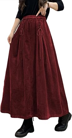 ebossy Womens Corduroy Maxi Skirt Elastic High Waist Drawstring Tie Front A-Line Pleated Long Skirt with Pockets