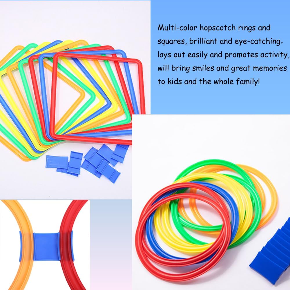 Hopscotch Squares and Hopscotch Ring Games 11in/ 15in with 30 Connectors for Kids Balance Agility Training Obstacle Course, Indoor Outdoor Backyard Activity, Birthday Fun Play for Boys Girls