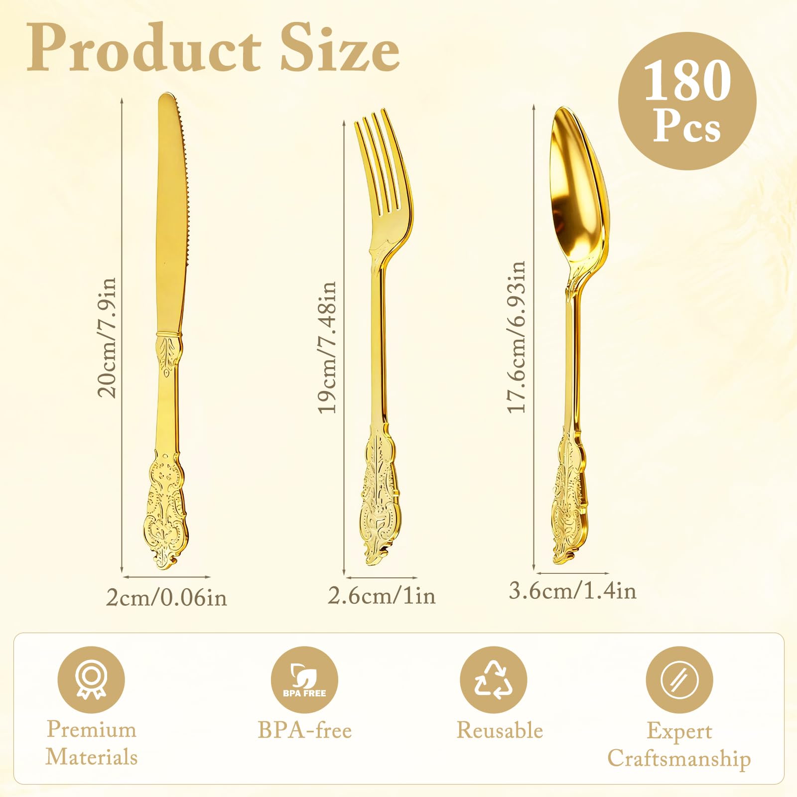 Juego de cubiertos de plástico dorado vintage de 180 piezas, 60 cuchillos, tenedores y cucharas | Lavable, reutilizable, resistente. Cubiertos pulidos. Duradero y elegante para bodas, fiestas de cumpleaños, eventos