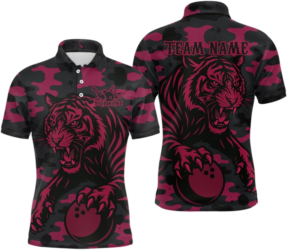 Pink Tiger Bowling Shirts for Team Women Men Custom Bowling Jerseys Camo Tiger Bowling Polo and 1/4 Zip Shirt Personalized