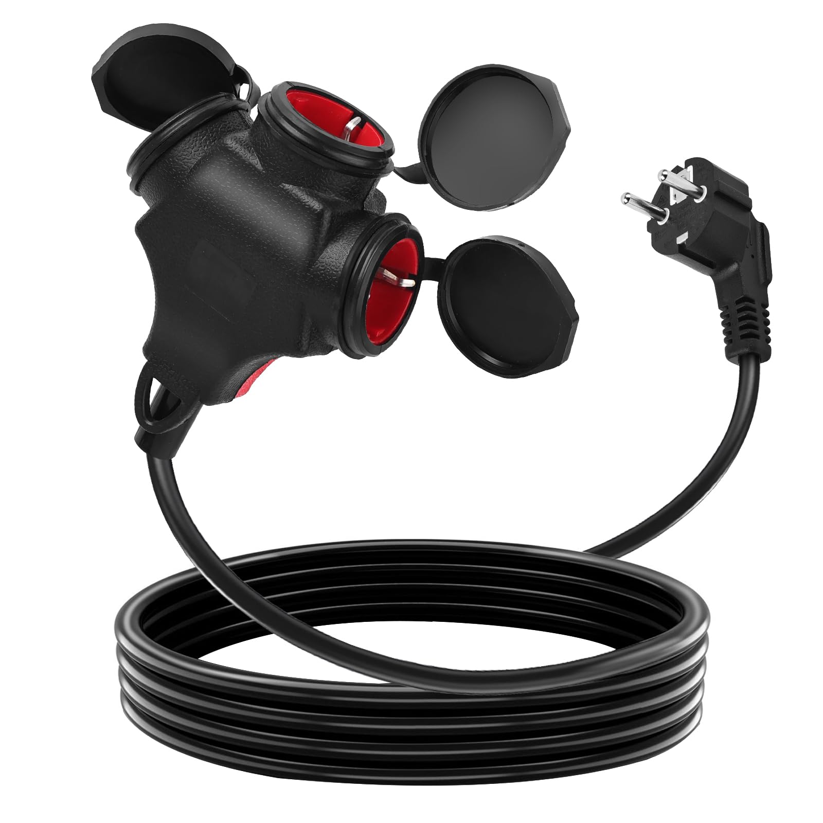 Cable corto de 5 m con 3 tomas de corriente: cable de extensión corto en el exterior con contacto a tierra con 3 tomas de corriente alterna, 1,5 mm², hasta 250 V/16 A, doble enchufe para doble enchufe