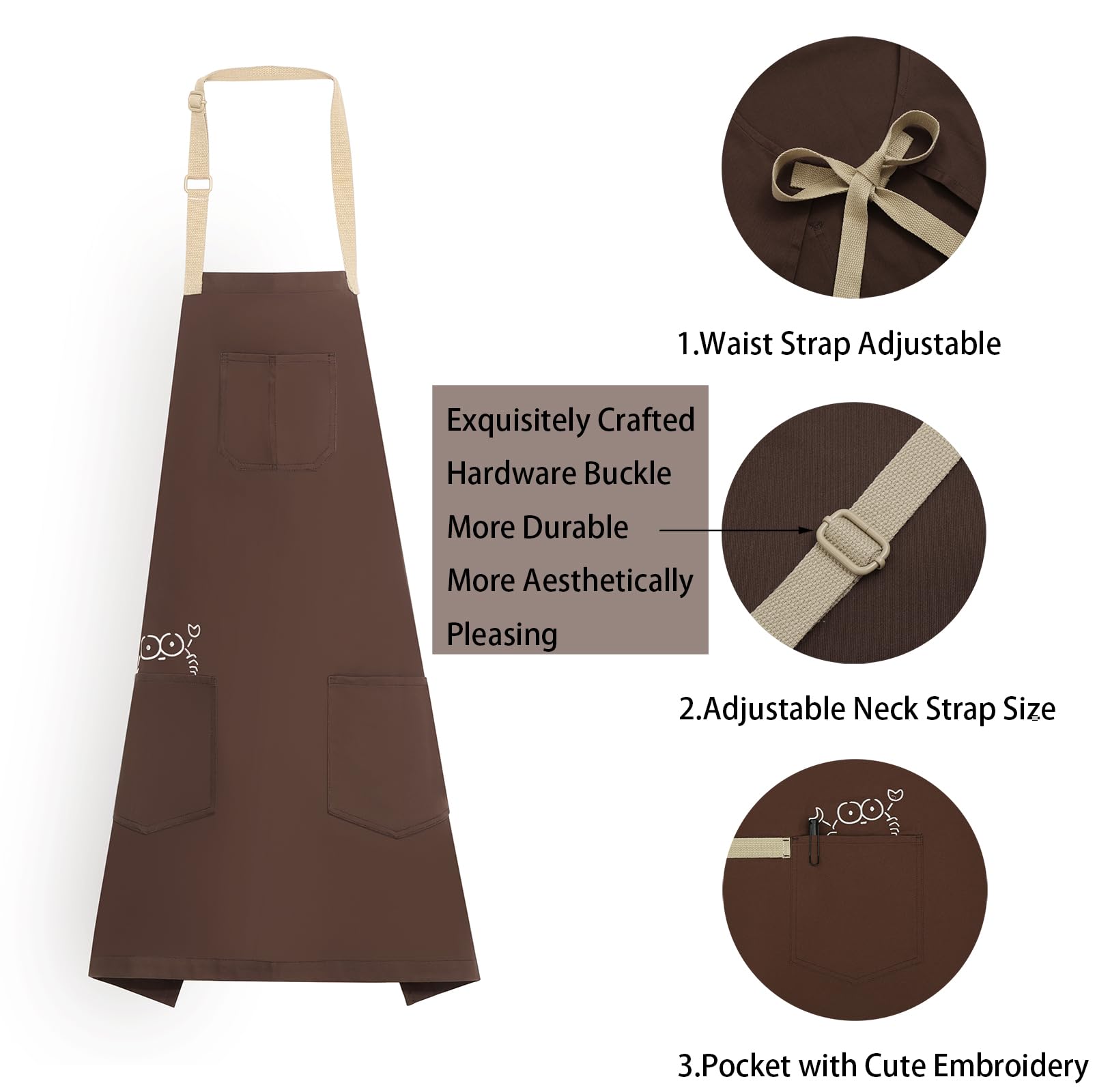 Pincy Soft Cotton Apron - Unisex Adjustable Bib Apron, Art Apron with Embroidered, Great for Florist and Kitchen (Coffee) - Image 4