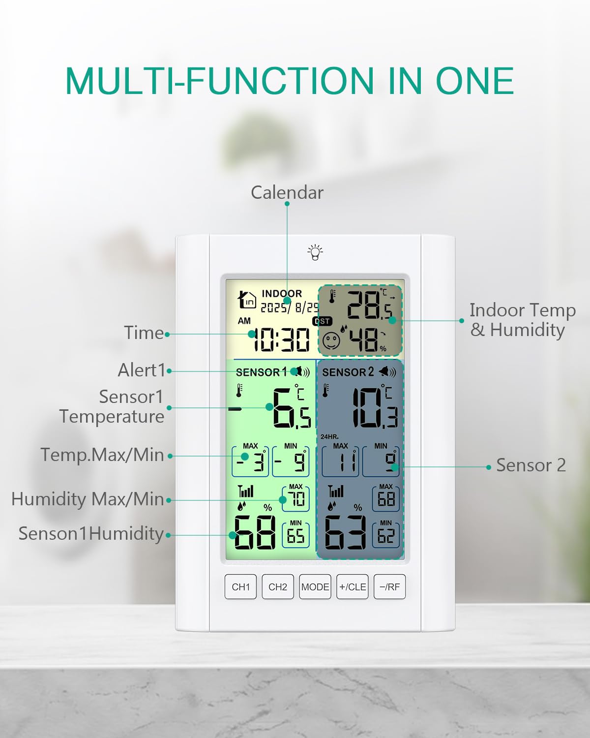 ORIA Thermomètre Numérique pour Réfrigérateur, Thermomètre pour congélateur avec 2 Capteurs Sans Fil, Ecran Couleur, Alarme, Max/Min, Heure d'Eté, Alimentation par Batterie/USB pour Maison, Cuisine