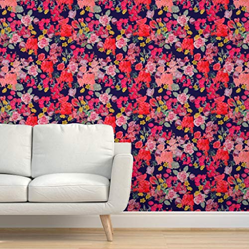 Spoonflower Peel & Stick Wallpaper 12Ft X 2Ft - Antique Floral Print Navy Coral Pink Red Flowers Vintage Pretty Roses Custom Removable Wallpaper #TOP3