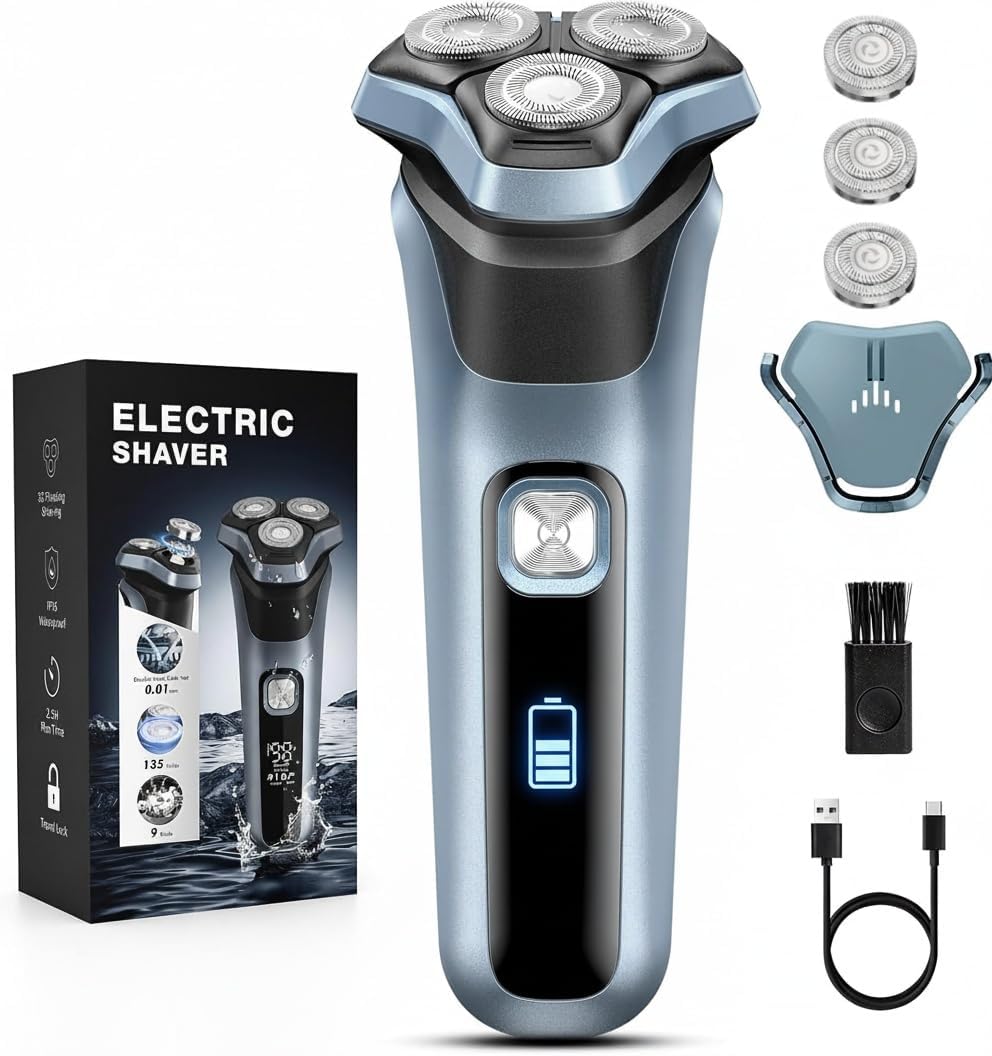 Electric Razors for Men Waterproof Cordless Razor Wet 3D Floating Head Precision Blades Electric Shavers for Men Face Sensitive Skin Care,USB Fast Charging,Type-C,Pop-Up Trimmer, 3 Replacement Blades