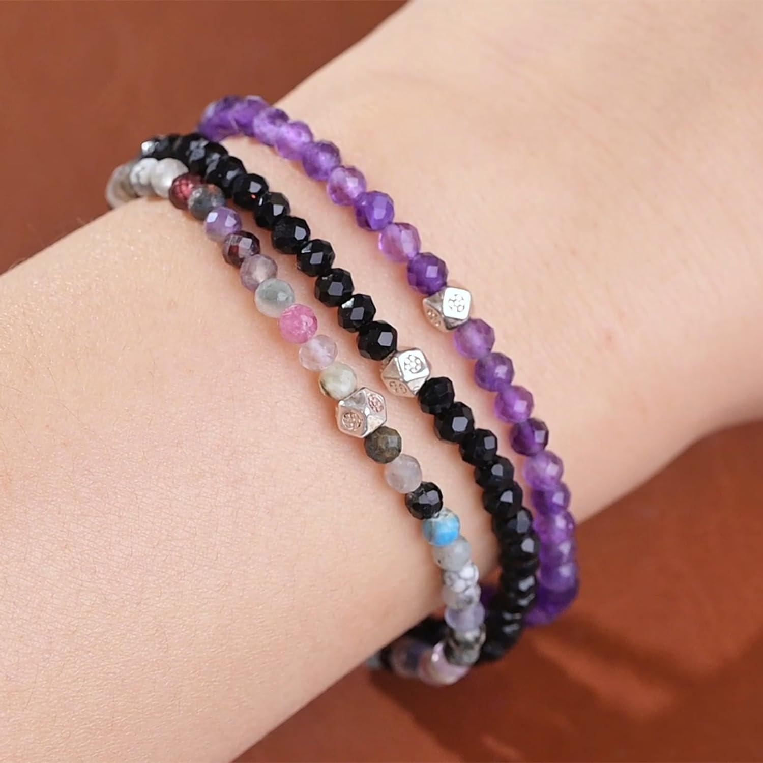 Apocalyptic-K Women Natural Gemstone Bracelet with 925 Sterling Silver 3 4 6MM Tourmaline Obsidian Agates Spinel Womens Fashion — view 5