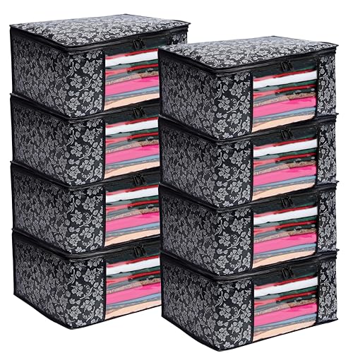 Image of Flower Printed Saree Covers for Cloth Storage & Wardrobe | Transparent Window, Zipper Closure | Black | Pack of 8 | Dustproof, Breathable, Travel & Home Use