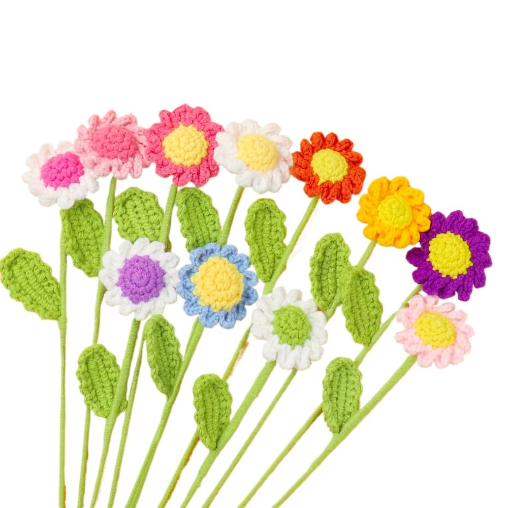 MAIKAILE Handmade Crochet Daisy Flower Stems Colorful Home Decor Gift