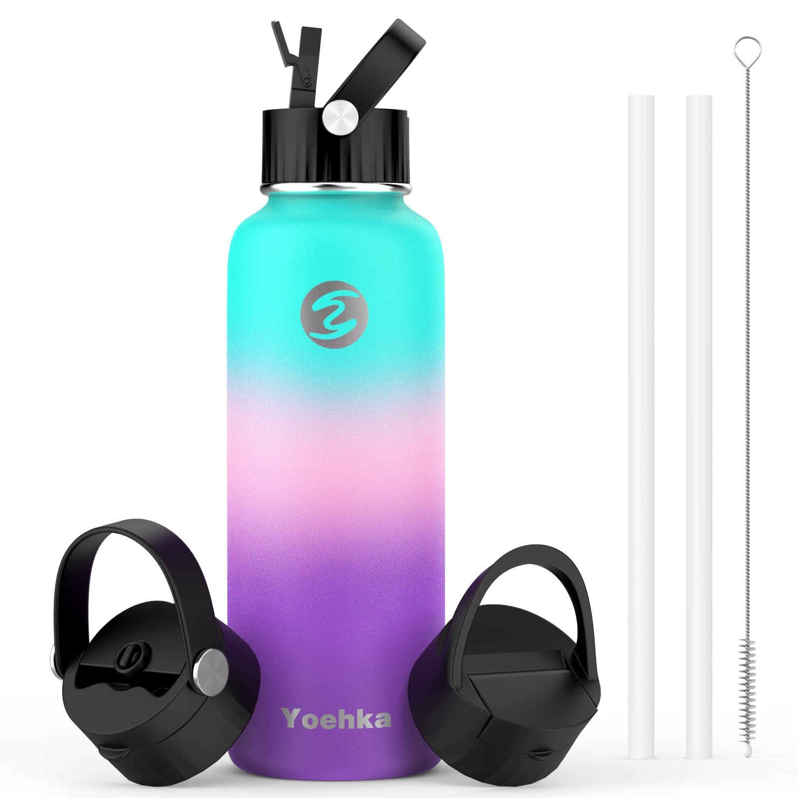 Insulated Water Bottle With Straw, 40 Oz Stainless Steel Sport Water Bottles Keep Water Hot/Cold Vacuum Double Wall Thermo Mug 3 Lids, Proof BPA Free Leak Proof Metal Canteen, Hydrangea