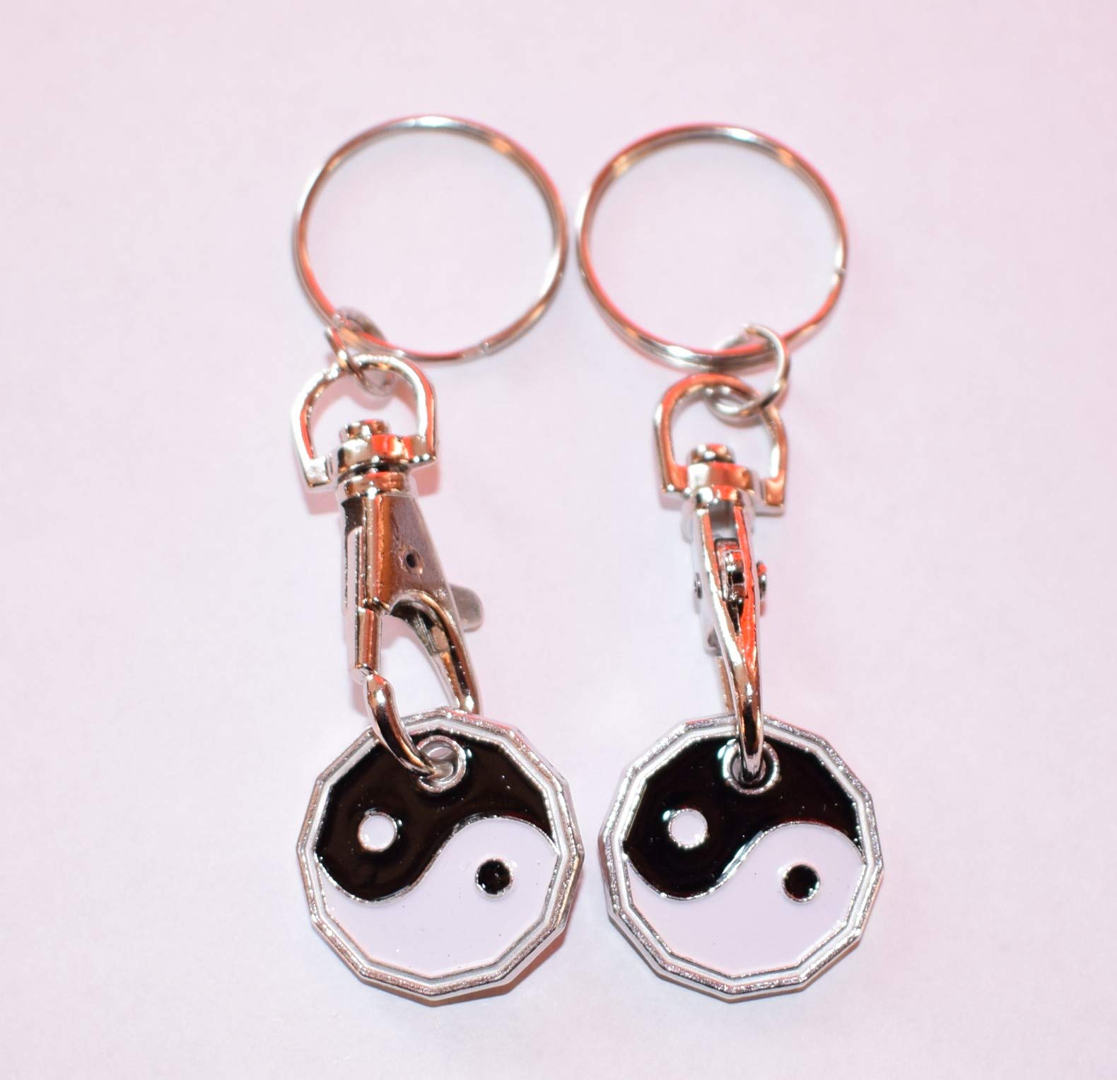 2 X NEW SHAPE 12 Edge Sided Trolley Token £1 Coin Pound Shopping Key Ring Clasp Supermarket Locker (Yin Yang)
