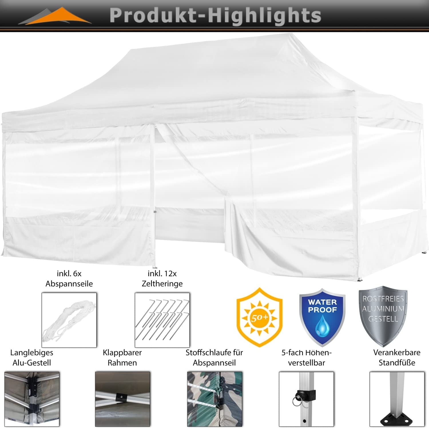INSTENT Alu-Pavillon 3 x 6 m Pro 4 Seitenteile wasserdicht UV-Schutz 50+, weiß