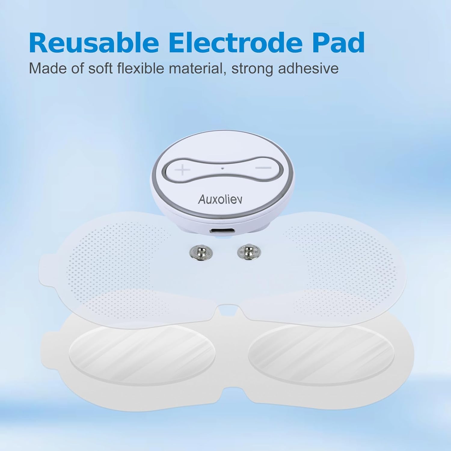 Close-up of the reusable electrode pads with their protective film, emphasizing their soft and flexible material.