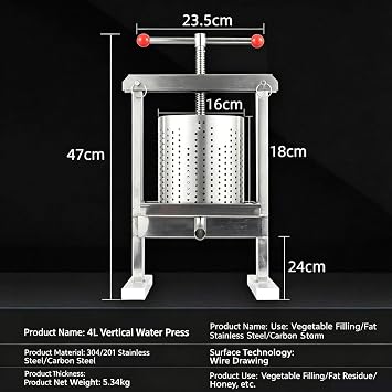 Bu paslanmaz çelik bal sıkacağı, bal, meyve suyu ve yağ ekstraksiyonu için manuel petek presi, dikey tasarım, çıkış çapı 20 mm, kapasite 1 galon/4 l