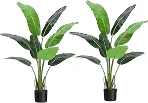 Artificial Bird of Paradise Plant 4FT (48 in) Fake Palm Tree for Indoor Outdoor Modern Decor Faux Plants for Home Office Perfect Housewarming Gift with 8 Trunks Faux Leaves 2 Pack