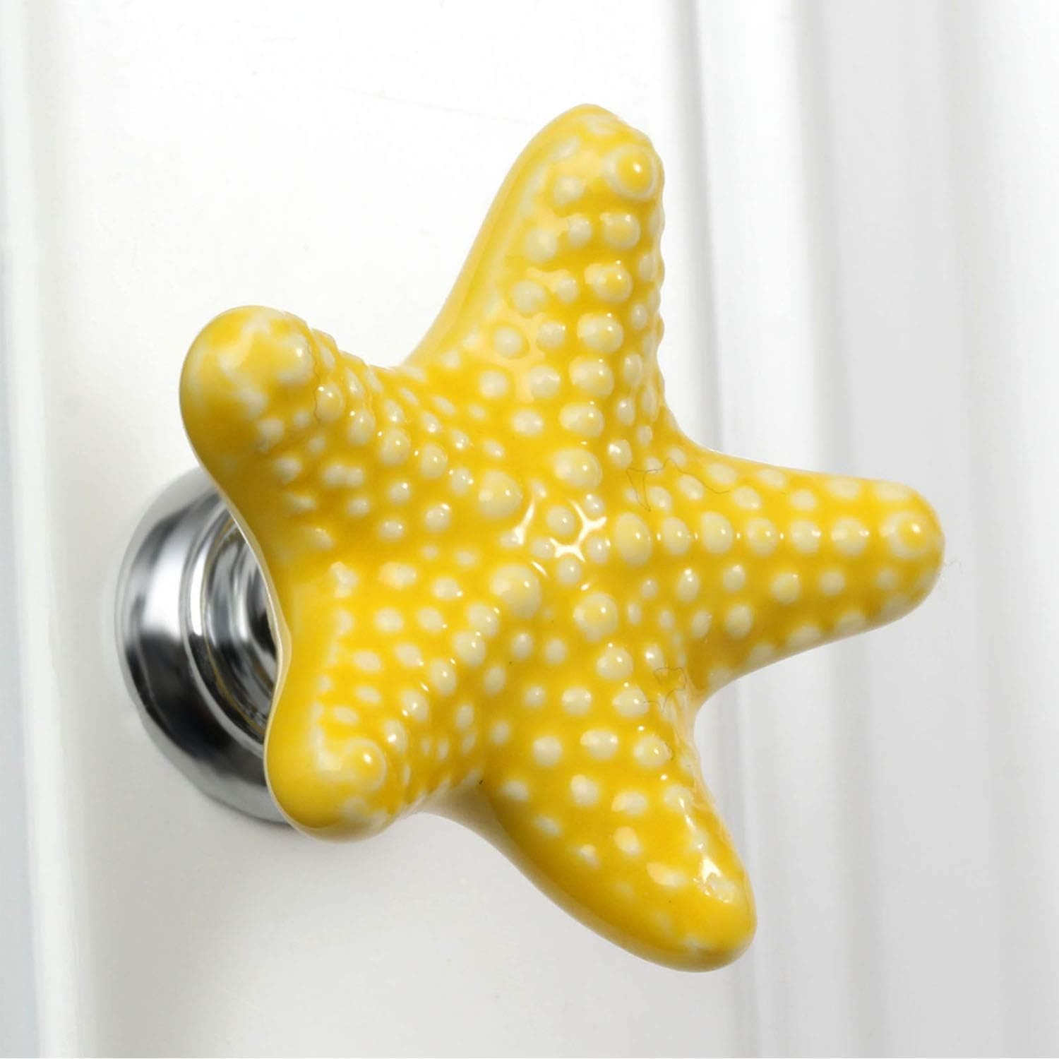 6 Pack Cabinet Handles Ceramic Drawer Knobs Starfish Shape Cupboard Dresser Wardrobe Closet Door Knobs Pull Handles Coastal Kitchen Furniture Knobs with Long Short Screws, Yellow