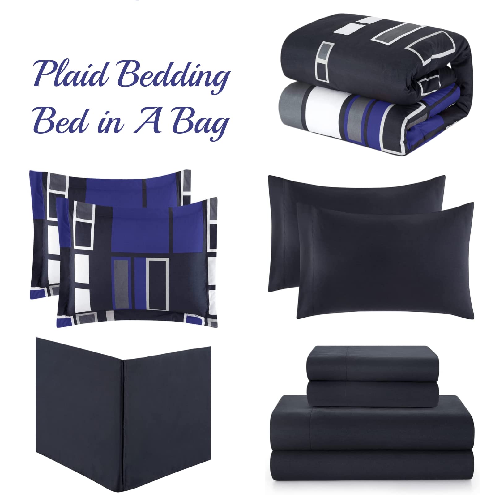 ARTALL 8 Piece Blue Gray Black Plaid Bed in a Bag Bedding Set - Lightweight Microfiber Full/Queen