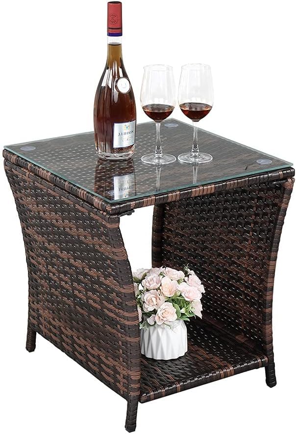 Rpuzonier Wicker Rattan Side Table Outdoor Square Rattan Coffee End Table with Tempered Glass Top and Storage for Patio Porch Lawn (Brown)