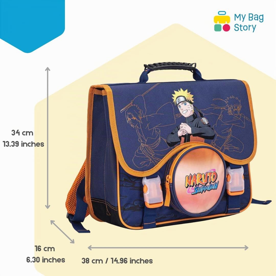 mybagstory - Cartable Naruto - Garçon 38x34x16 cm | 2 compartiments + poche ronde, Fermeture à rabat, Sac école primaire et Produit officiel.