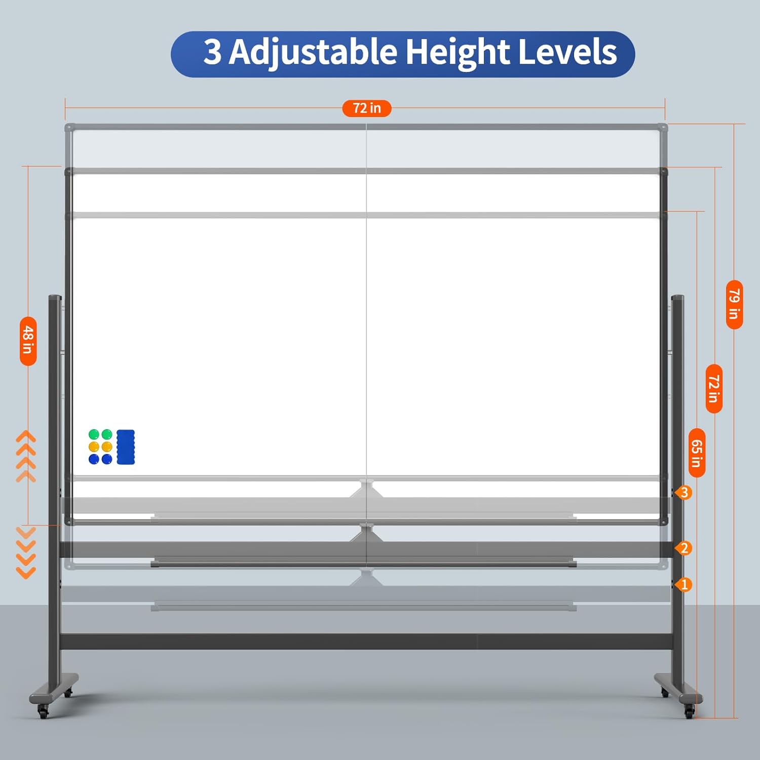 Double-Sided Rolling Whiteboard, 72 x 48 Inches, Magnetic Mobile Dry Erase White Board on Wheels with Aluminium Frame and Stand