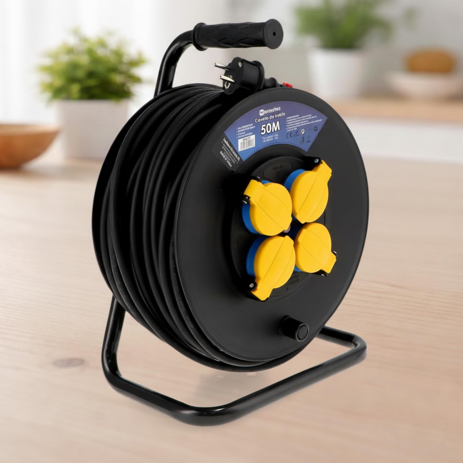 M mimotec - Avvolgicavo da Esterno 50m IP44 4 Prese 3200W 16A, Cavo H05RR-F 3G1,5 mm², Protezione Bambini, Ideale per Giardino, Cantiere e Officina