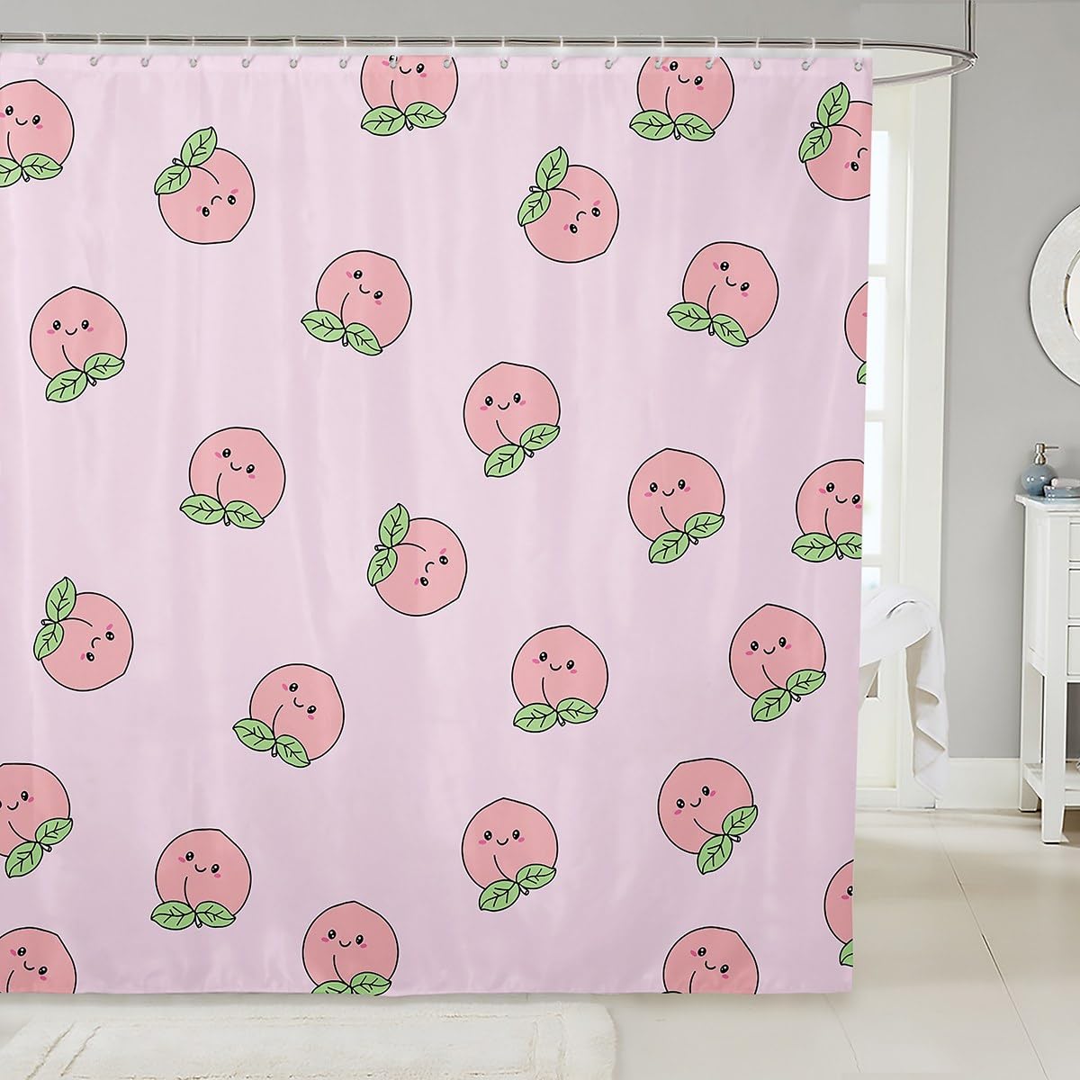 Cartoon Shower Curtain Pink Peach Bath Curtain Kid Kawaii Curtain Girl Lovely Peach Bathroom Sets Accessories Cute Fruits Bathtub Shower Curtain Tropical Plant Bathroom Decor 72" W x 72" L