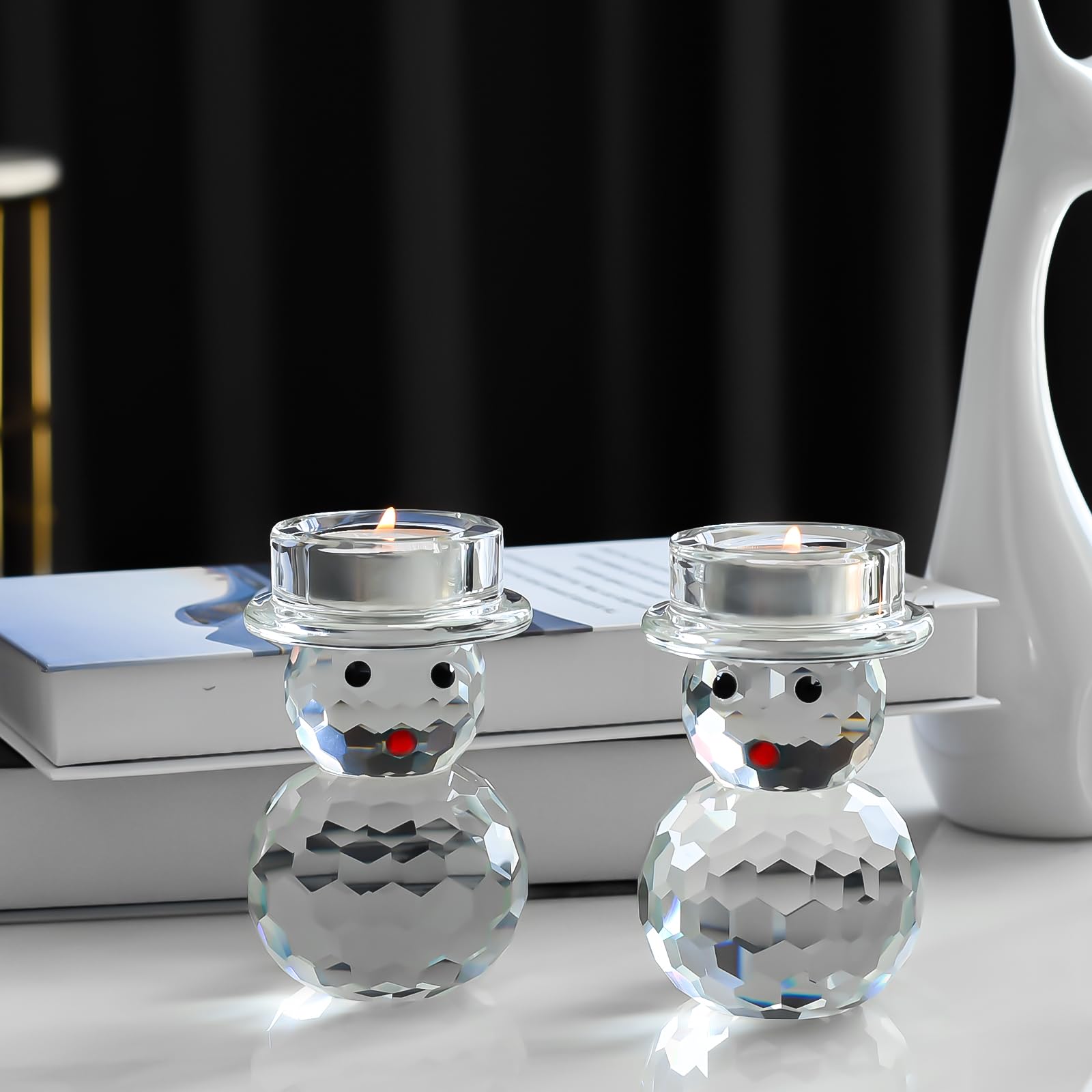 Lot de 2 photophores en cristal en forme de bonhomme de neige - Décoration de table d'hiver festive pour Noël, mariage, fête, anniversaire