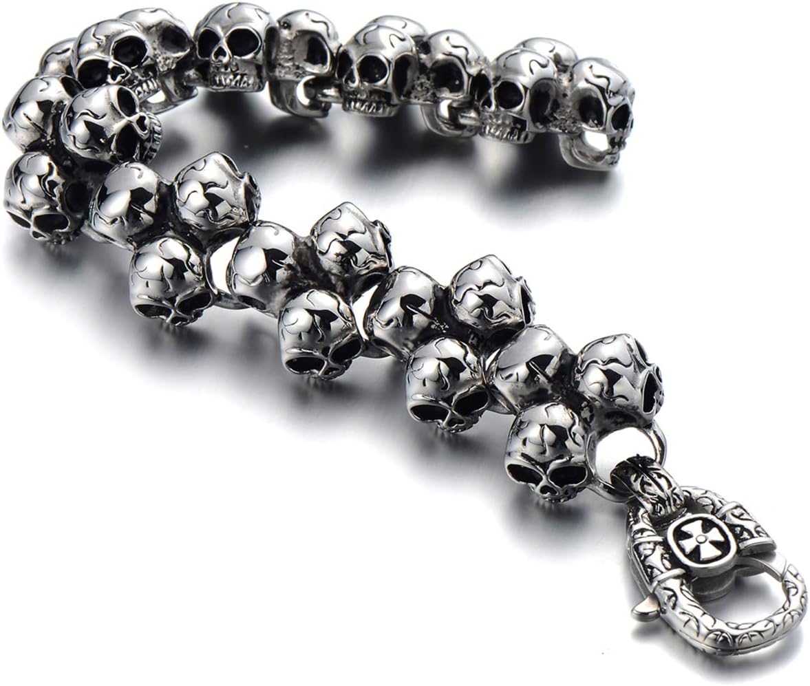 COOLSTEELANDBEYOND Gothic Punk Large Stainless Steel Triple Skulls Bracelet for Men for Silver Color Polished