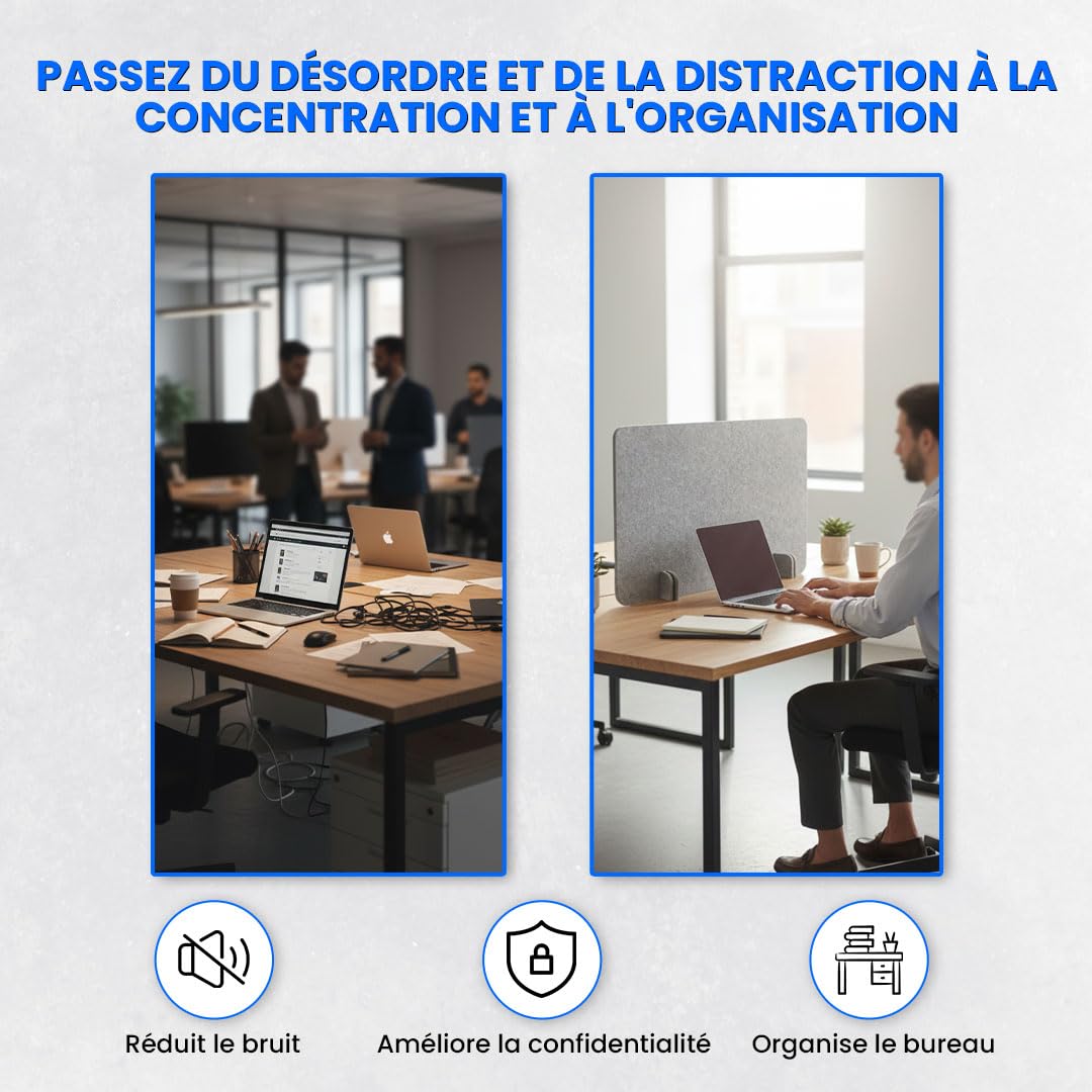 Cloison de bureau ReFind. Réduction acoustique du bruit et écran de confidentialité pour l'espace de travail. Organisateur de bureau autonome. Pour bureau, école et télétravail. [50cm x 80cm]